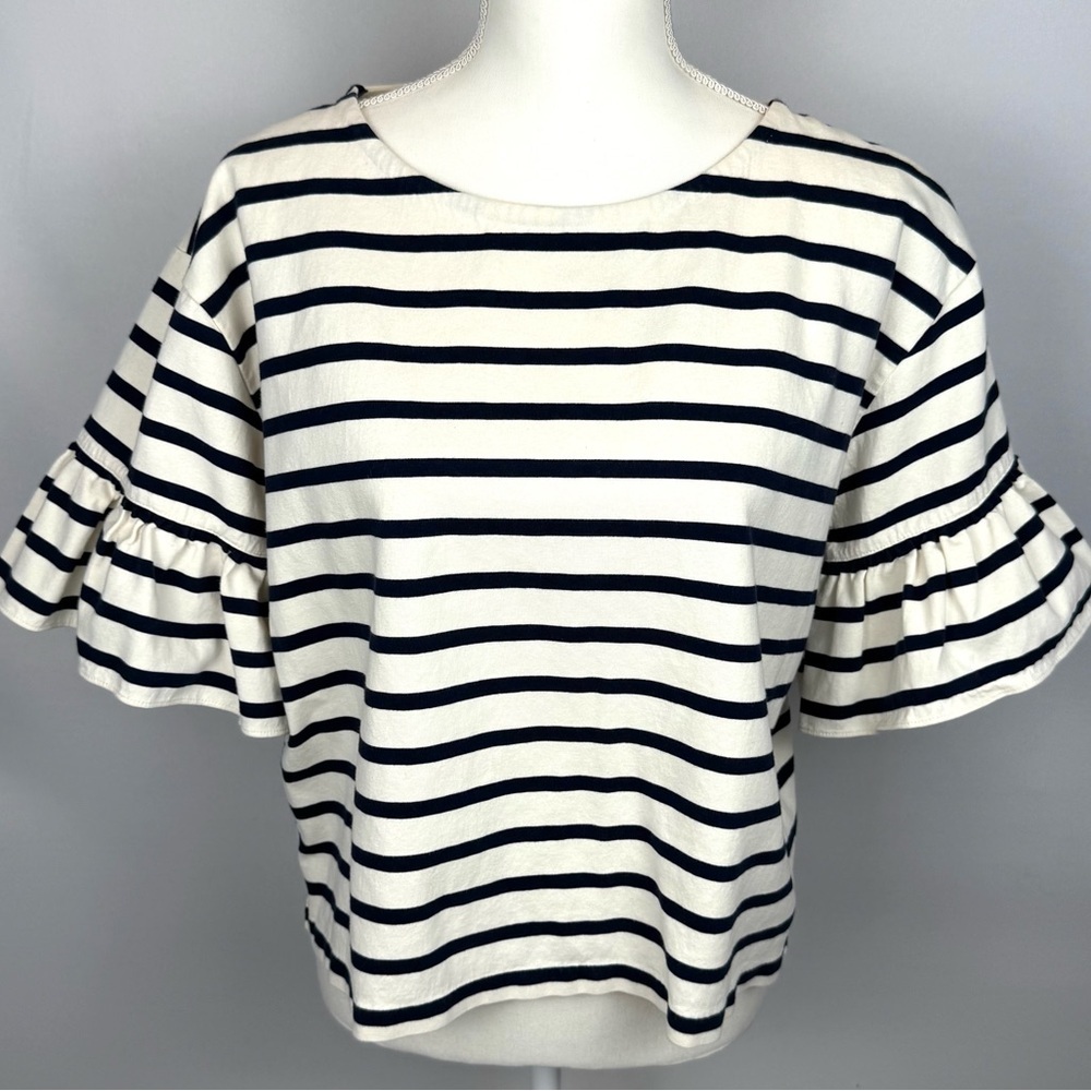 J. Crew Ruffle Sleeves Top Black Cream Stripes Short Sleeves Cotton Large French - Picture 3 of 10